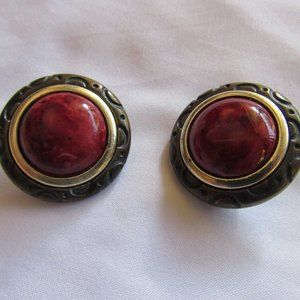 Vintage Red Marbled Plastic Clip On Earrings